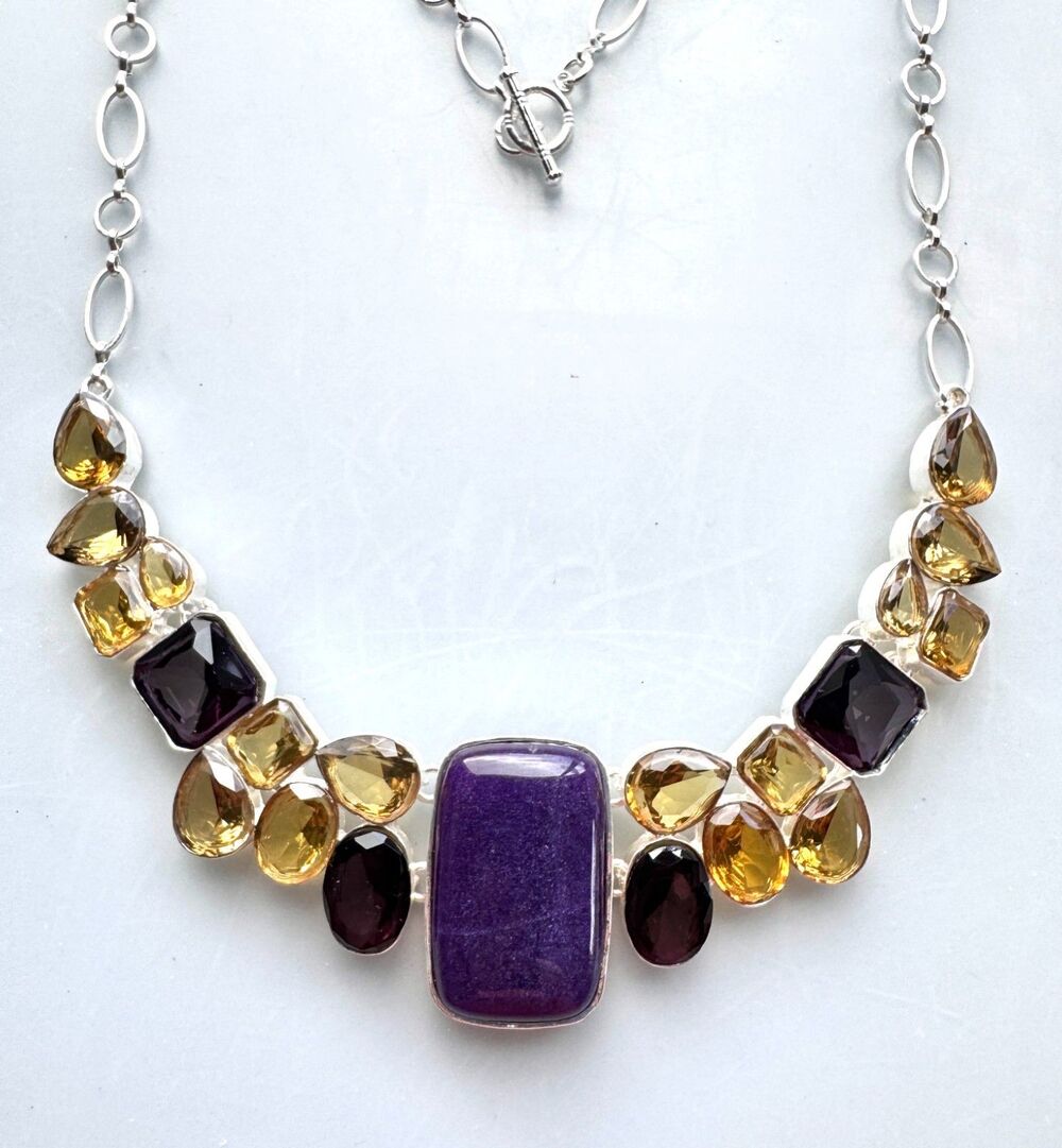Unique Yellow and Purple Silver Plated Statement Necklace #7077